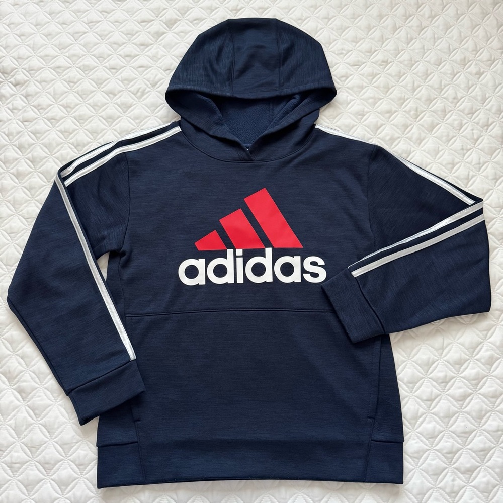 adidas Kids Navy Blue Tech Fleece Hoodie Sweatshirt Red Logo Size M 10-12